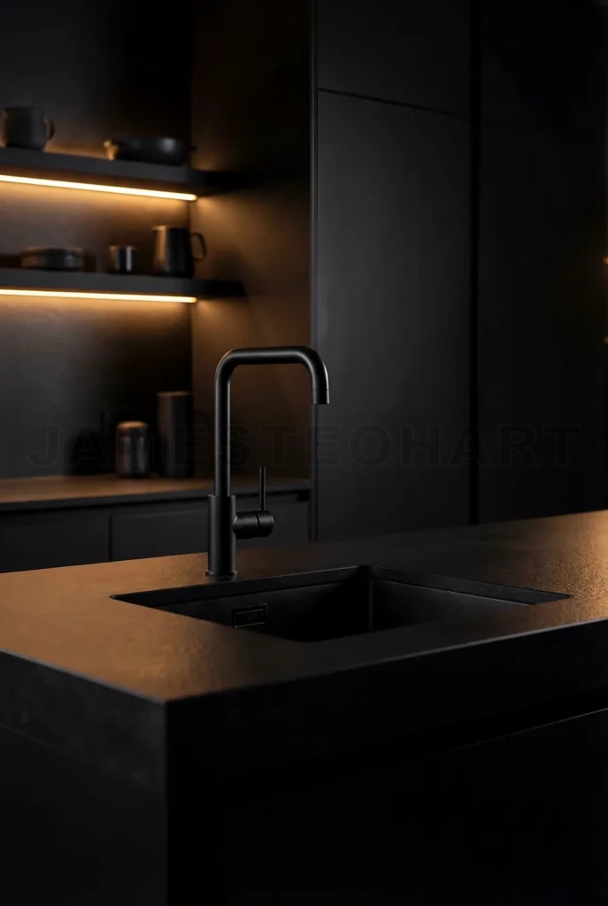 
Modern luxury kitchen featuring black faucet and sink