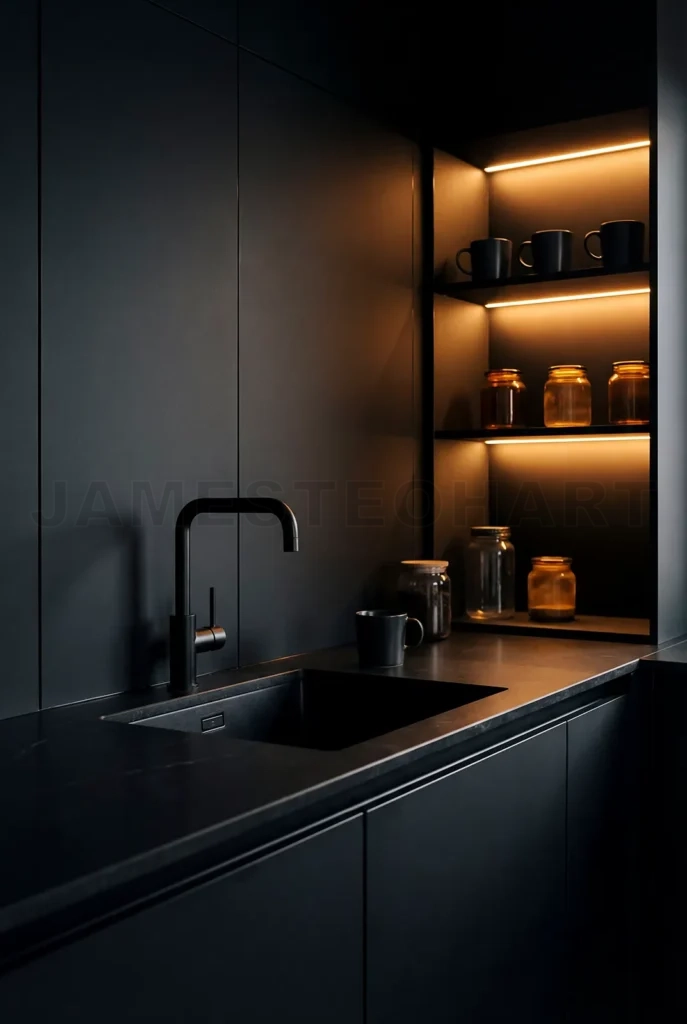 
Dark minimalist modern kitchen with ambient shelf lighting