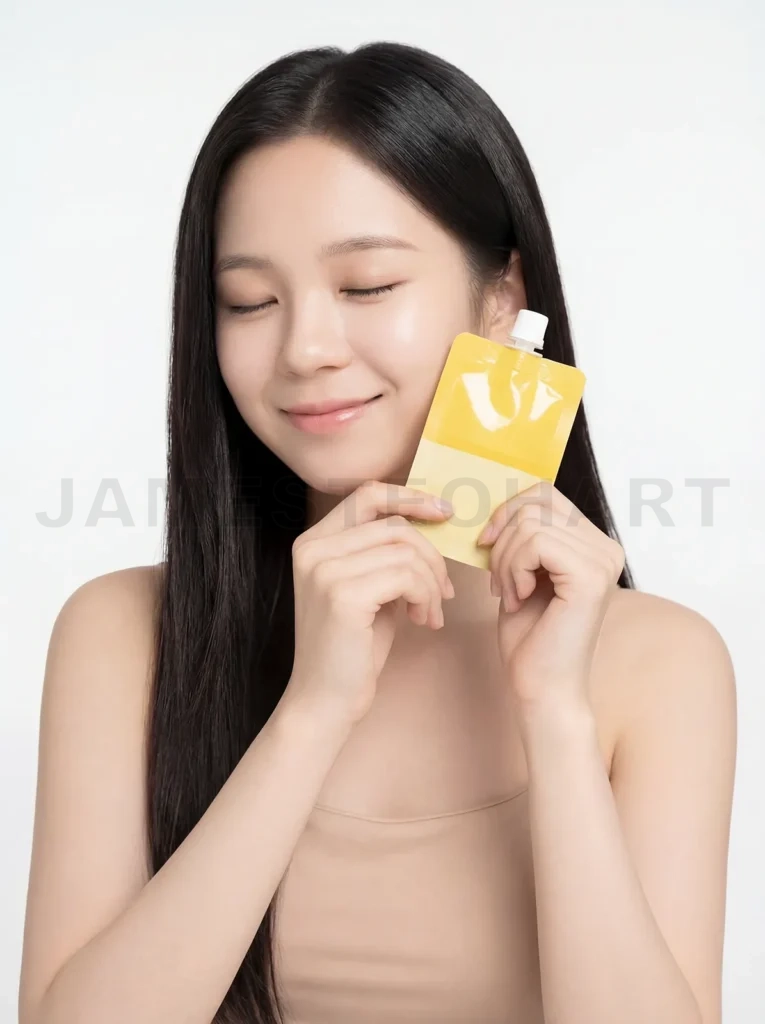 
Young woman enjoying natural skincare pouch product