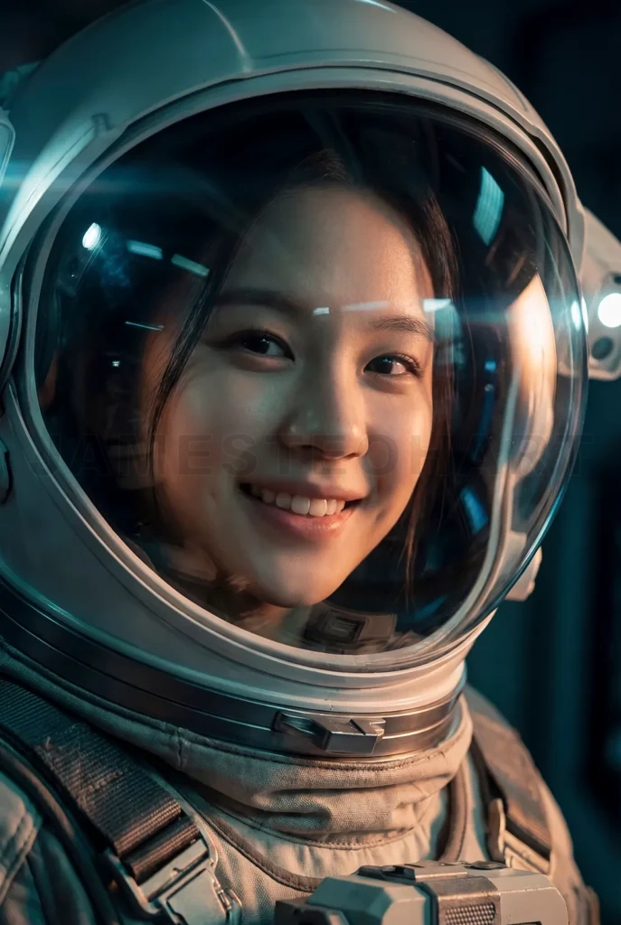 
Female astronaut smiling in spacesuit looking at camera
