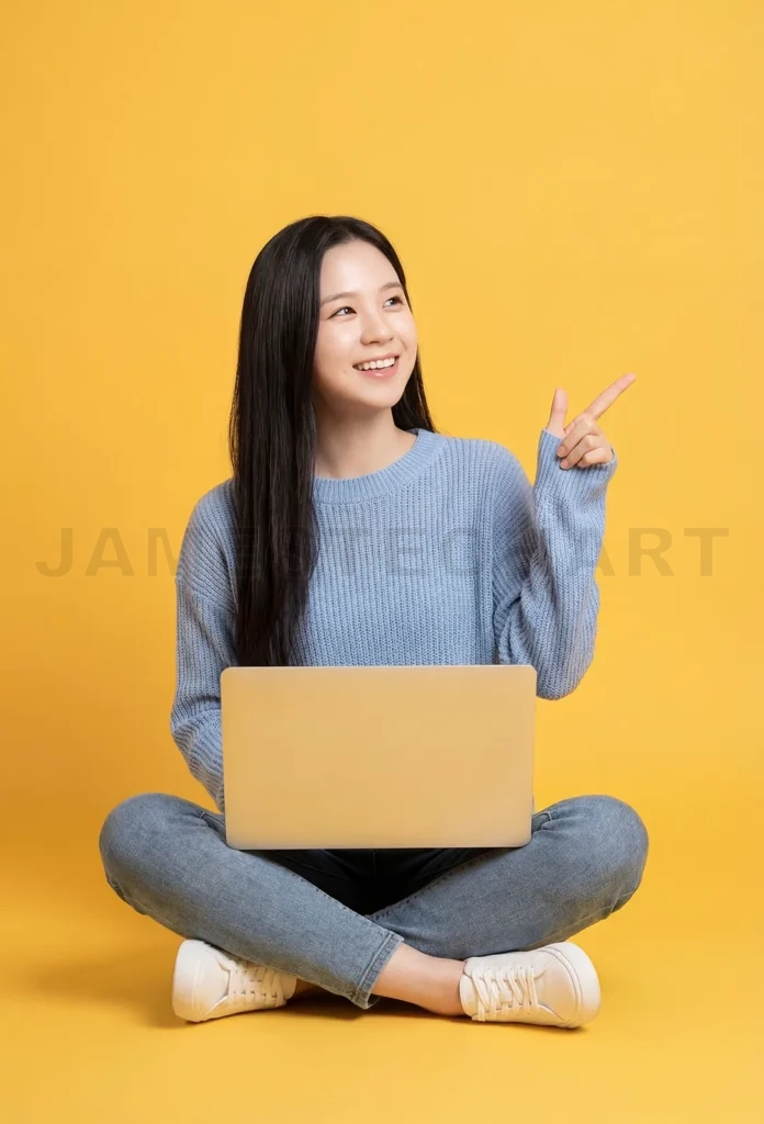 
Young asian woman with laptop pointing up