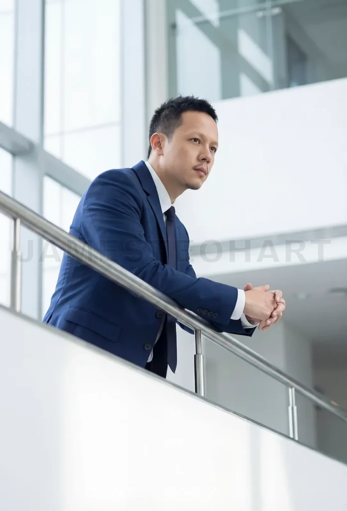 
Asian businessman contemplating success and future in office