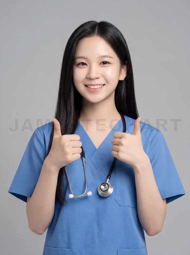 
Young female medical professional giving thumbs up gesture