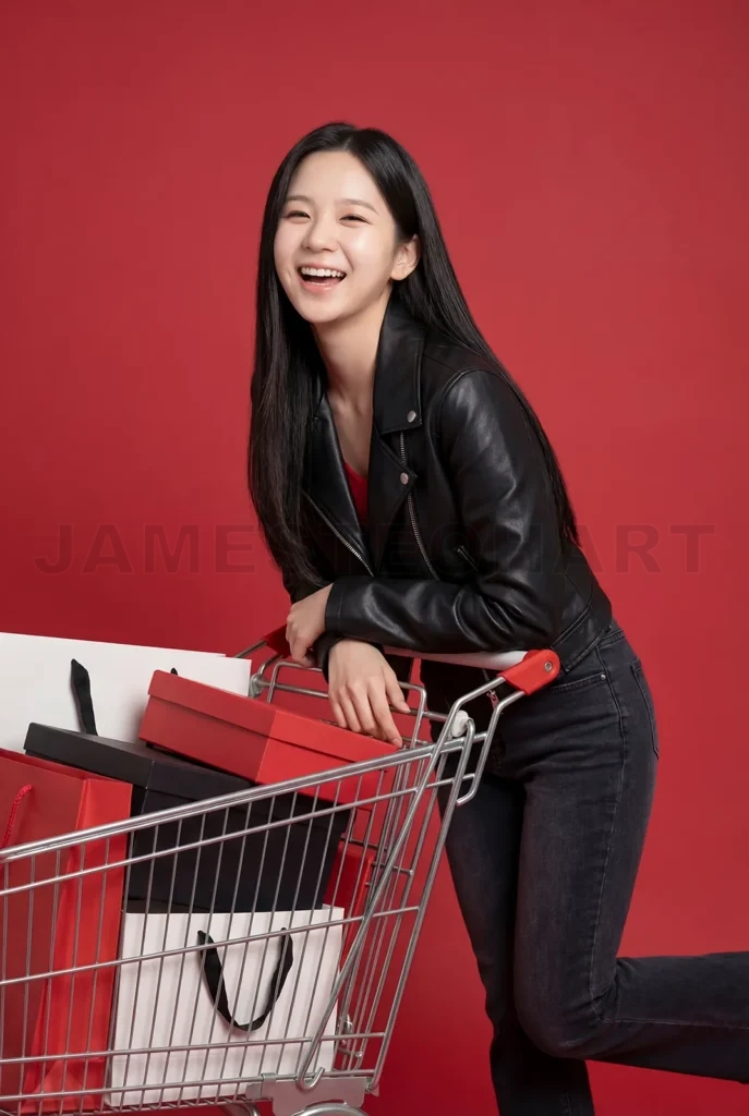 
Cheerful asian woman shopping for chinese new year gifts