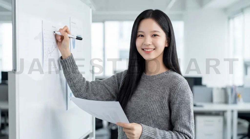 
Asian Businesswoman Analyzing Charts in Office
