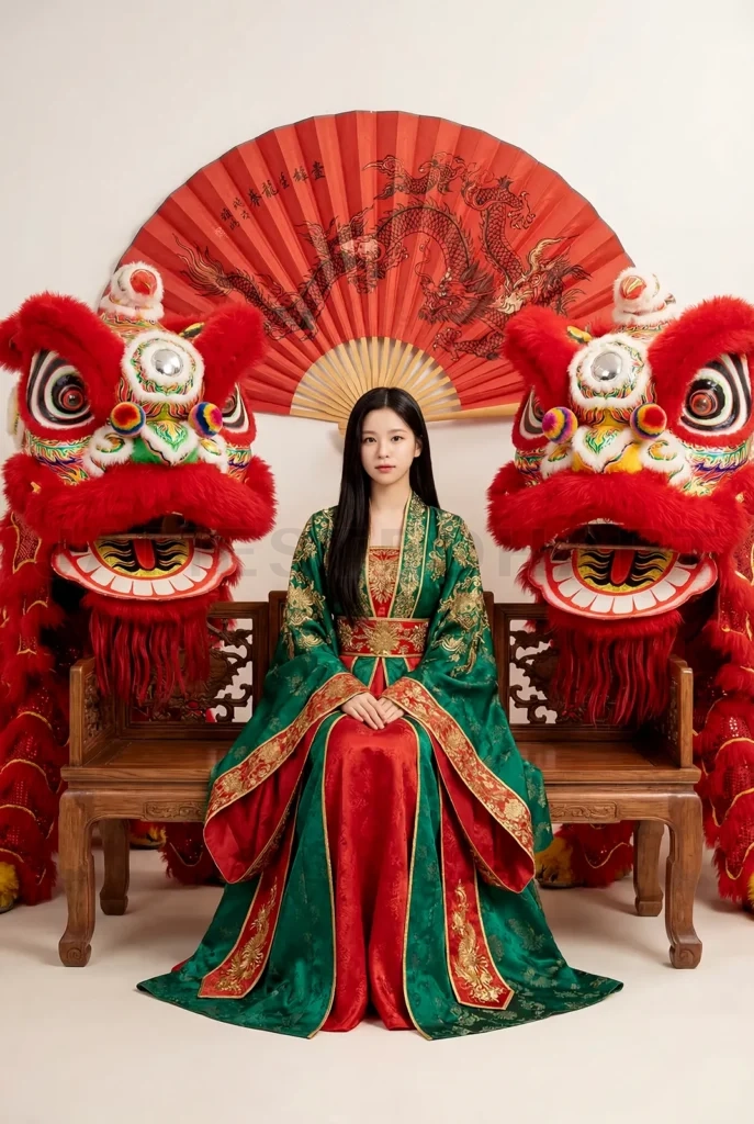 
Young woman celebrating chinese new year with lion dancers