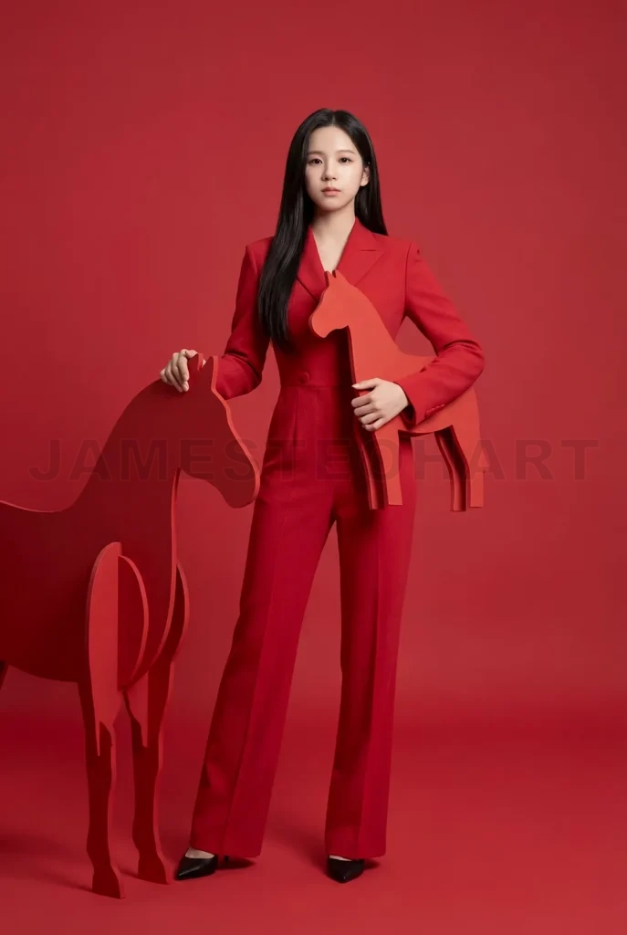 
Woman celebrating chinese new year with horse sculptures