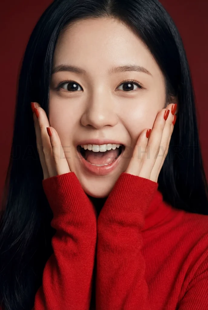 
Young asian woman radiates pure joy in striking red