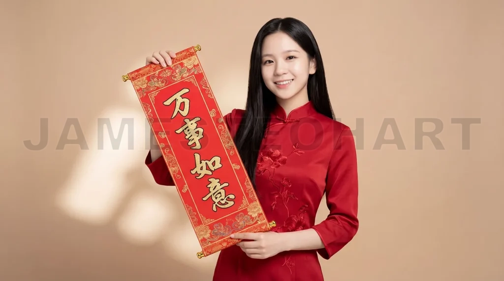 
Asian Woman in Cheongsam Blessing Celebration Pose
