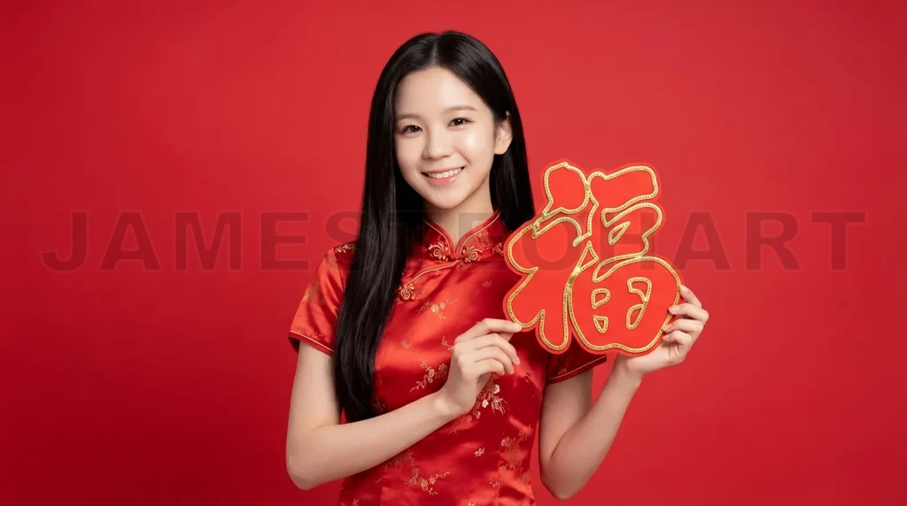 
Cheerful Asian Woman Cheongsam Festive Blessings