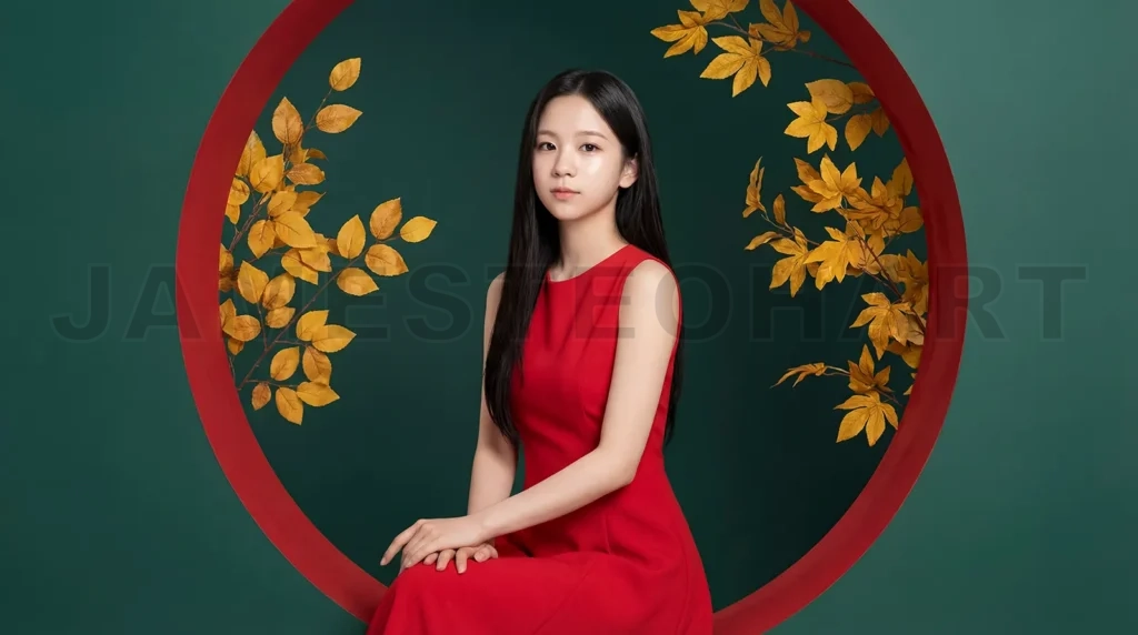 
Asian Woman Red Cheongsam with Decorative Lantern