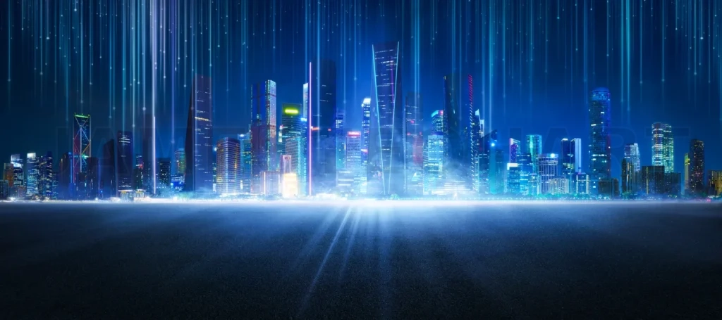
Smart city receiving data with futuristic skyline and light trails