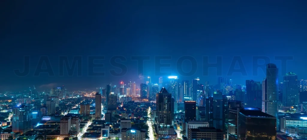 
Aerial view of night cityscape skyline