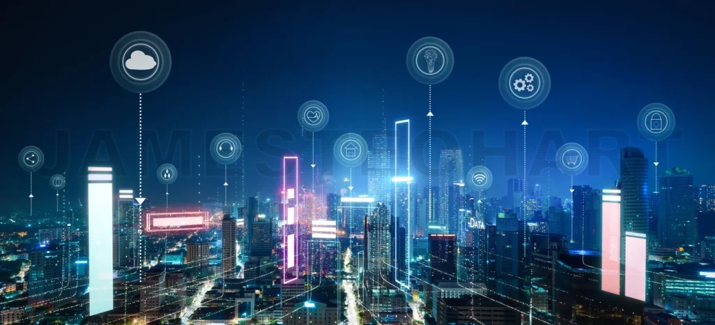 
City night skyline with numerous IOT icons
