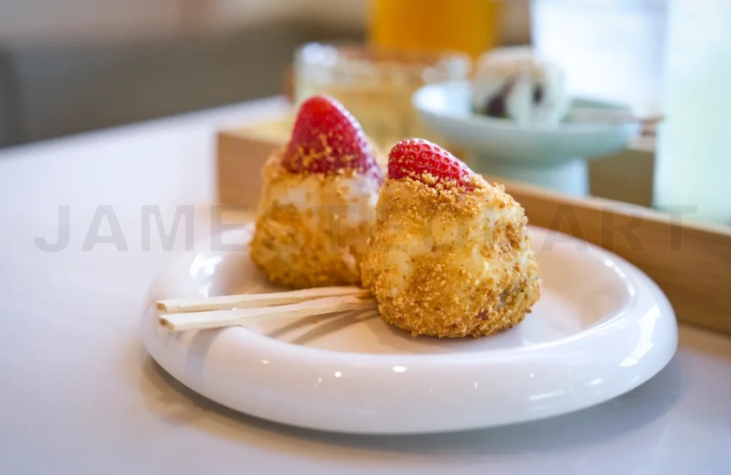 
Delicious mochi dessert with fresh strawberries is waiting for customer on table in cafe