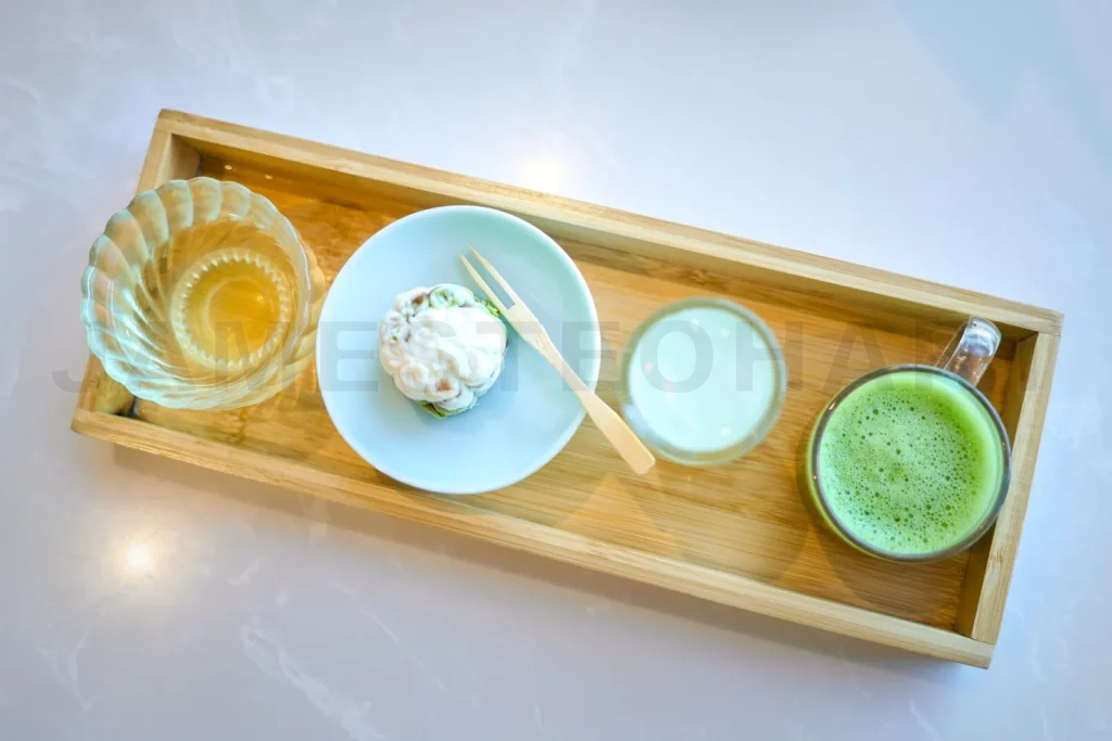 
Traditional japanese tea ceremony set with matcha and wagashi on