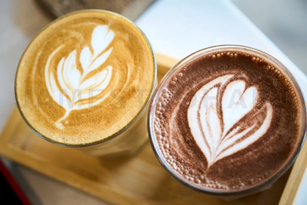 
Two cups with latte art are standing on the wooden tray