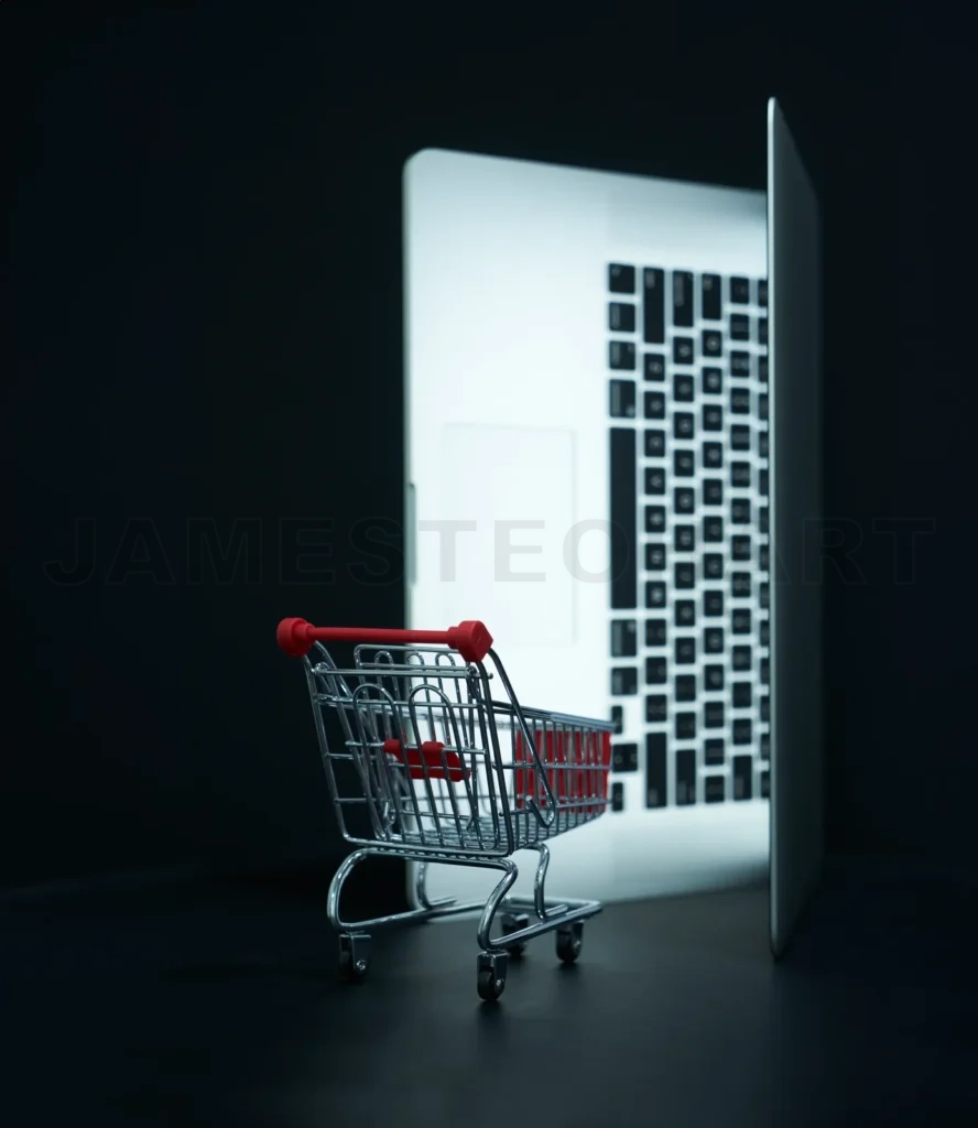 
Online shopping concept with laptop and miniature cart