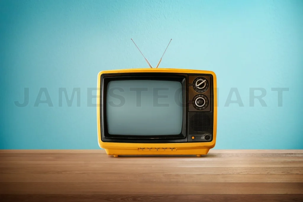 
Yellow Orange Color Old Vintage Retro Television On Wood Table With Mint Blue Background