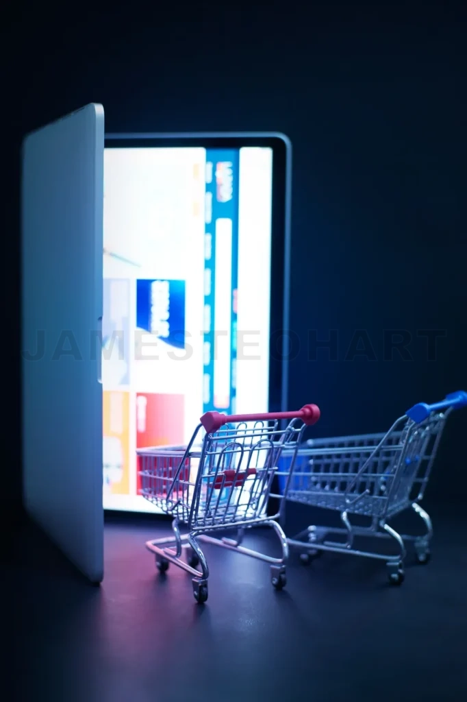 
Laptop Open Like Door With A Shopping Cart Carrying Smartphone, Online Marketing And Business Trading Concept