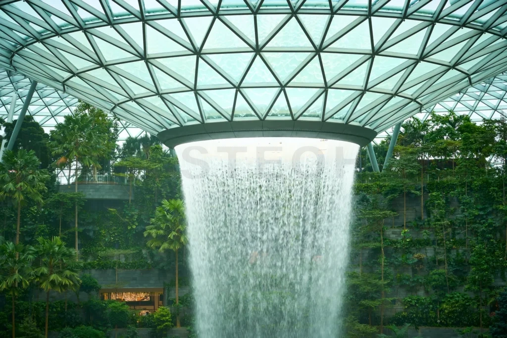 
Rain vortex cascading inside jewel changi airport surrounded by lush greenery