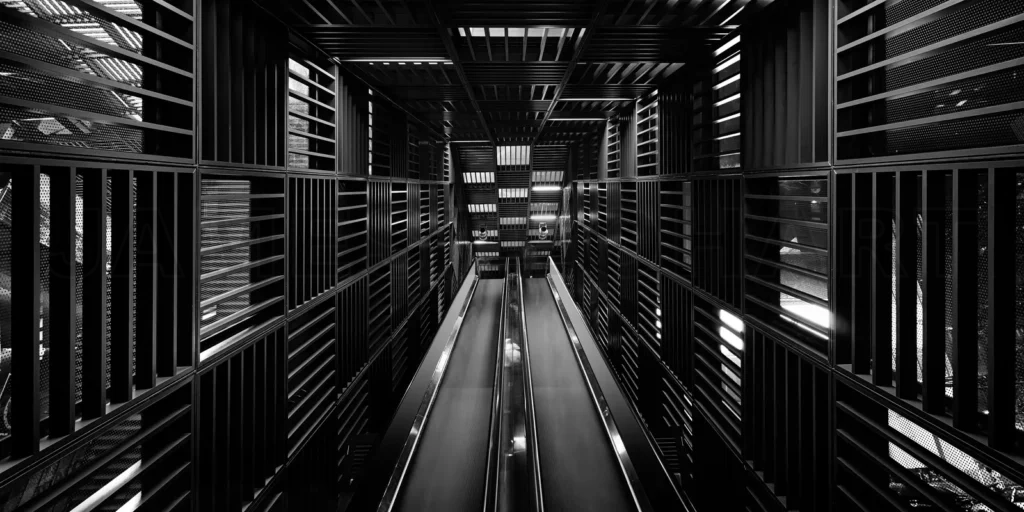 
Abstract Black And White Close Up Detail View Mechanical Escalator