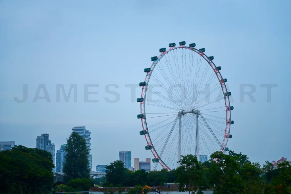 
Singapore flyer wheel rotating with city skyline in background