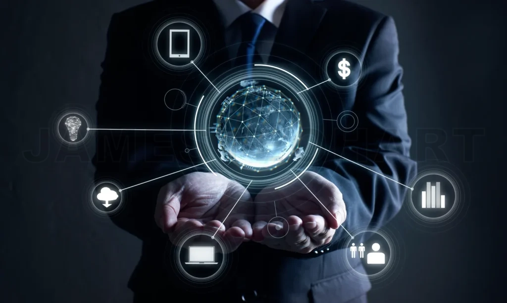 
Businessman Holding Flying Network Connection Template , Globe Business Communication Concept