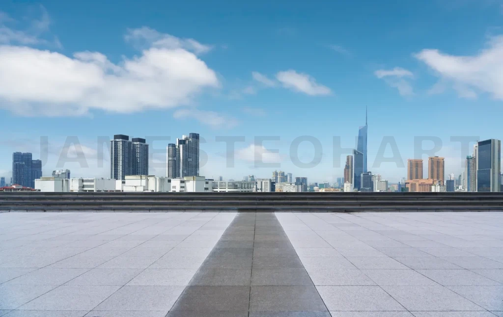 
Panoramic skyline overlooking empty plaza in modern city