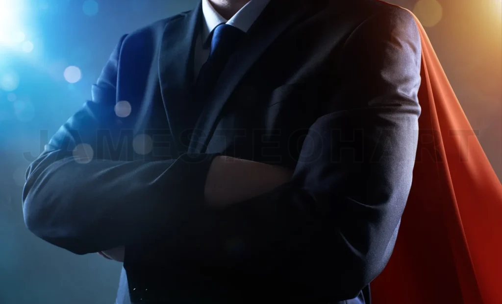 
Closeup Businessman In Suit And Cape Hero With Crossed Arms