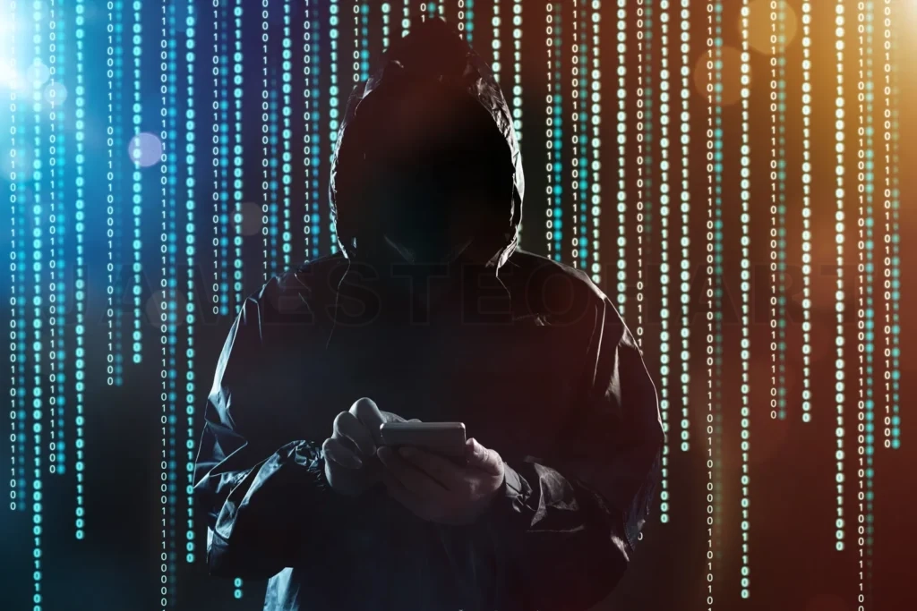 
Unrecognizable Hacker Using Mobile Phone Portrait, Mobile Phone Security And Technology Crime Concept