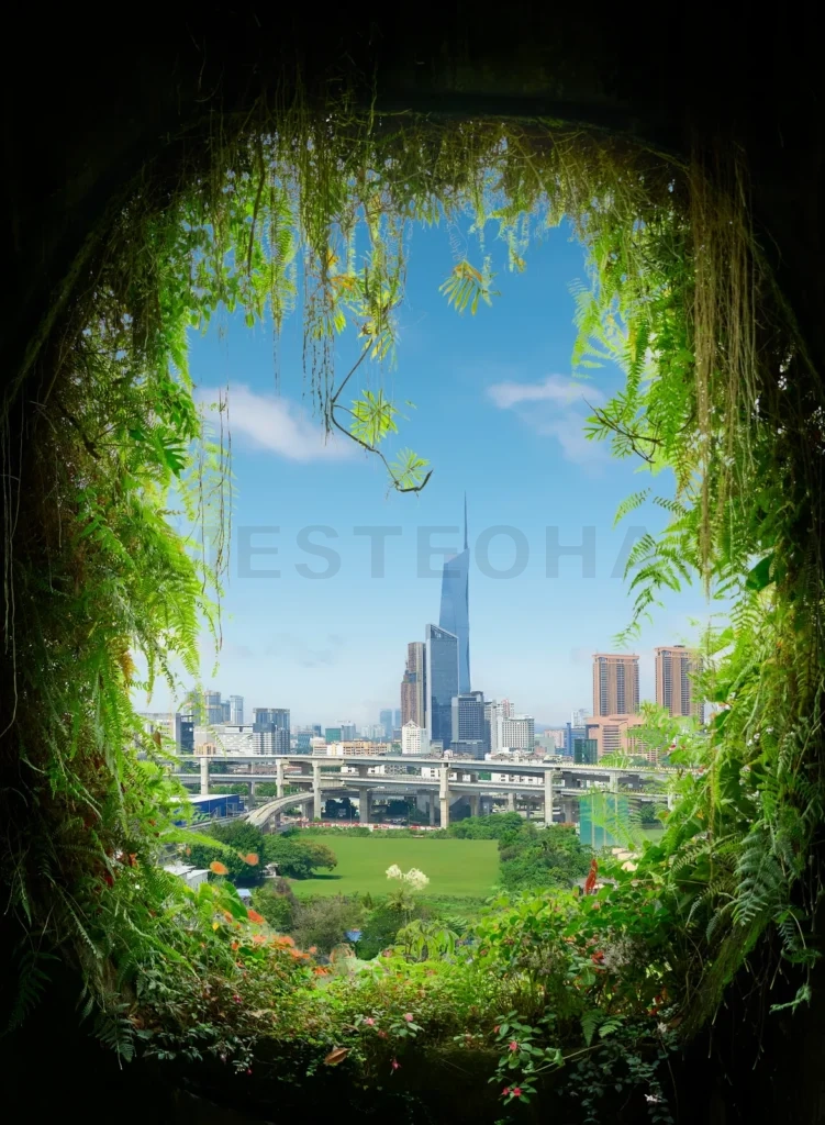 
Lush green plants framing modern city skyline with skyscrapers and highway overpasses