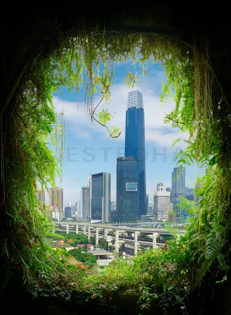 
Lush greenery framing modern cityscape in kuala lumpur, a symbol of urban sustainability