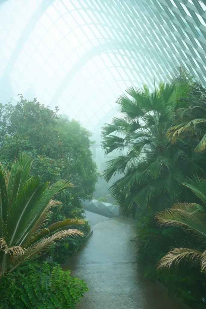 
Lush greenery thriving under glass canopy in cloud forest, gardens by the bay