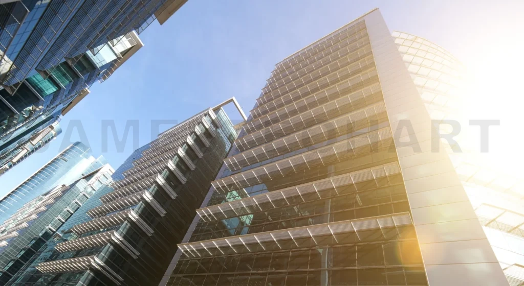 
Common Modern Business Skyscrapers, High-Rise Buildings, Architecture Raising To The Sky, Sun