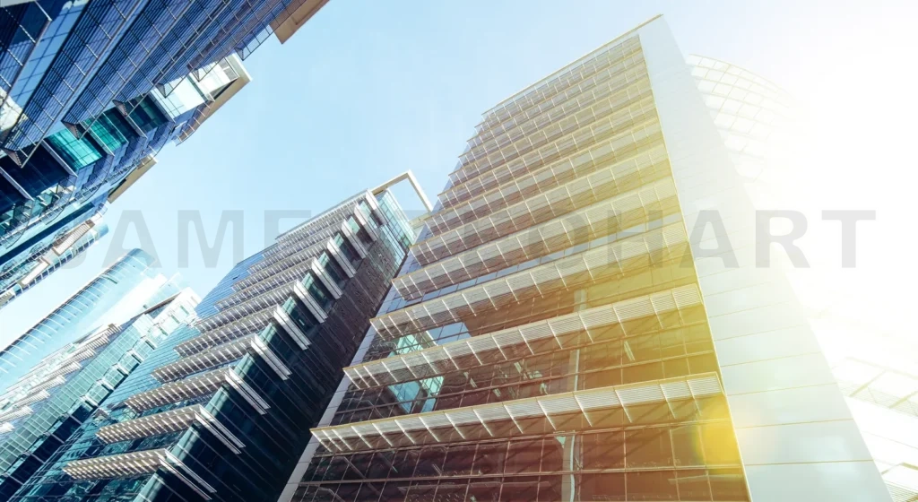 
Common Modern Business Skyscrapers, High-Rise Buildings, Architecture Raising To The Sky, Sun