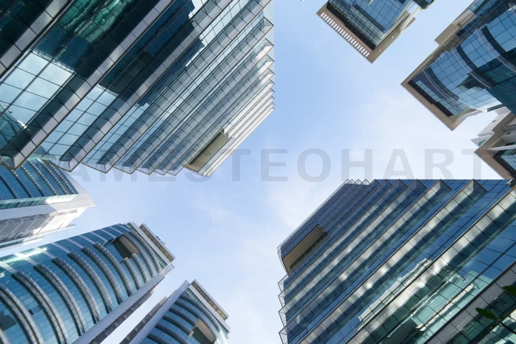 
Common Modern Business Skyscrapers, High-Rise Buildings, Architecture Raising To The Sky, Sun