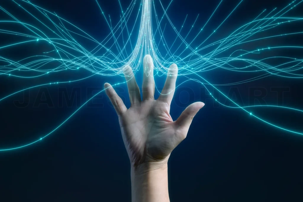 
Hand reaching for futuristic stream of data in cyberspace