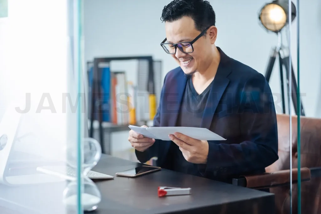 
Asian Businessman Receive A Letter With Good News In A Office