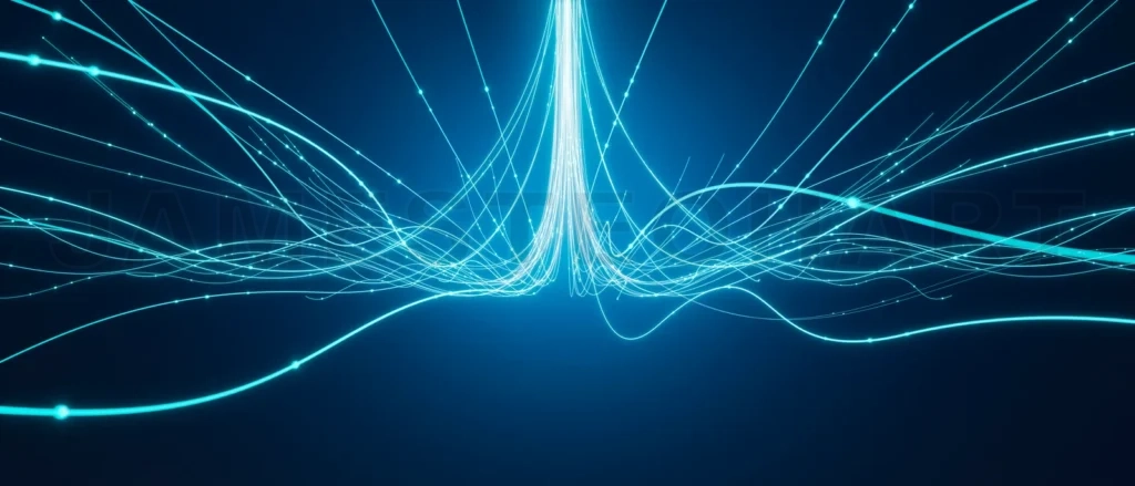 
3D rendering glowing lines converging into central beam of light