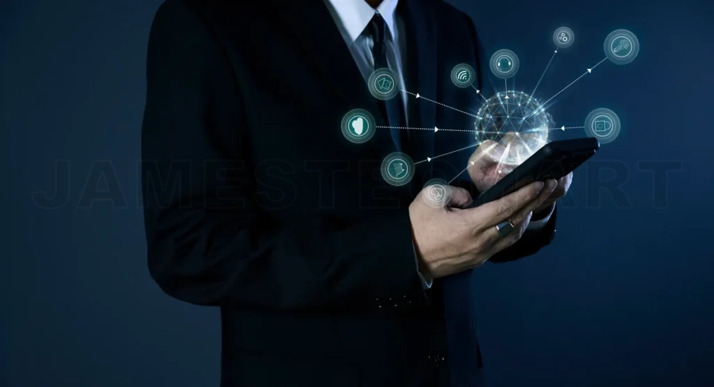 
Businessman using smartphone and accessing global network of digital icons