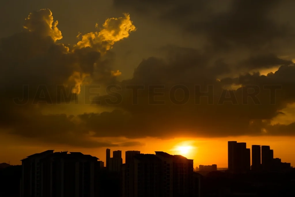 
Stunning golden sunset illuminating city skyline with dramatic clouds
