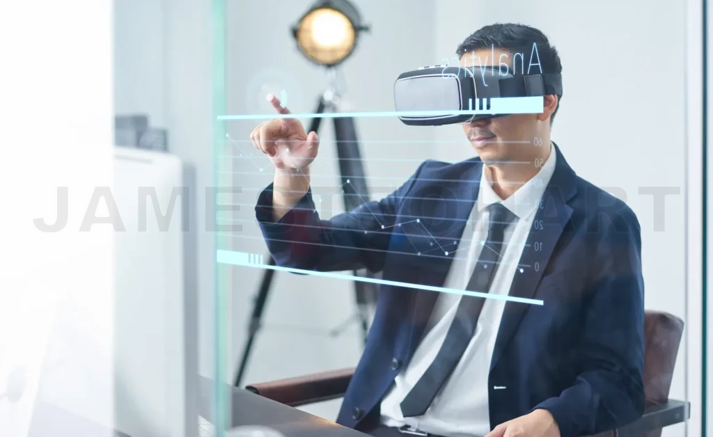 
Asian Businessman Wearing Virtual Reality Goggle And Pointing Business Growth Chart In A Office