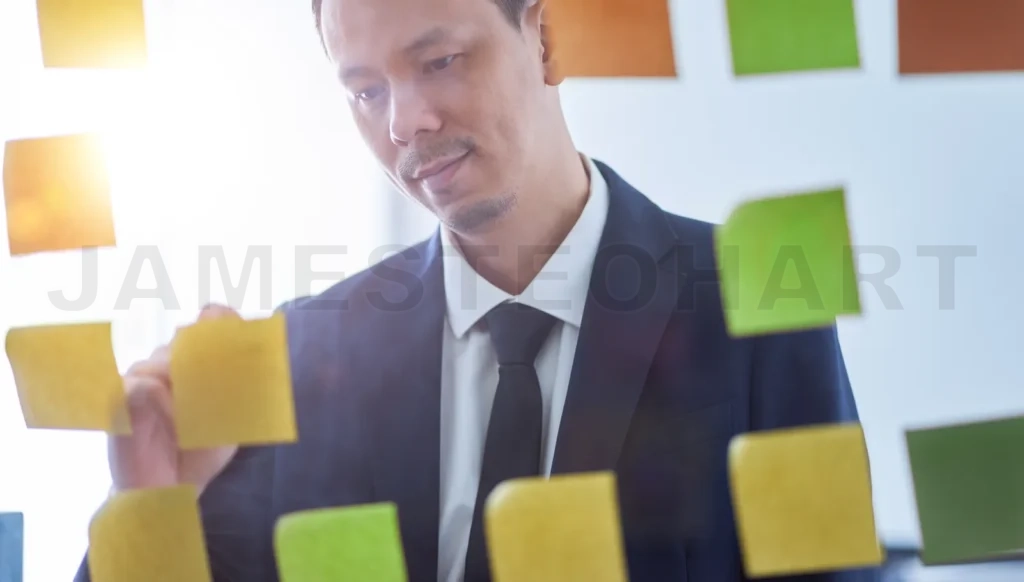 
Asian Businessman Stand In Glasses Board With Stickers And Writing Ideal , Brainstorming Concept