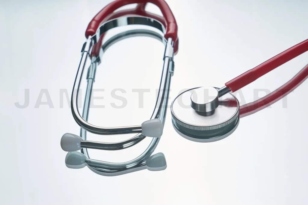 
Red Color Stethoscope With Reflection On Glossy Background