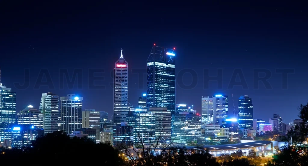 
Skyline Of Perth From Kings Park With A View Of John Oldany Park At Night