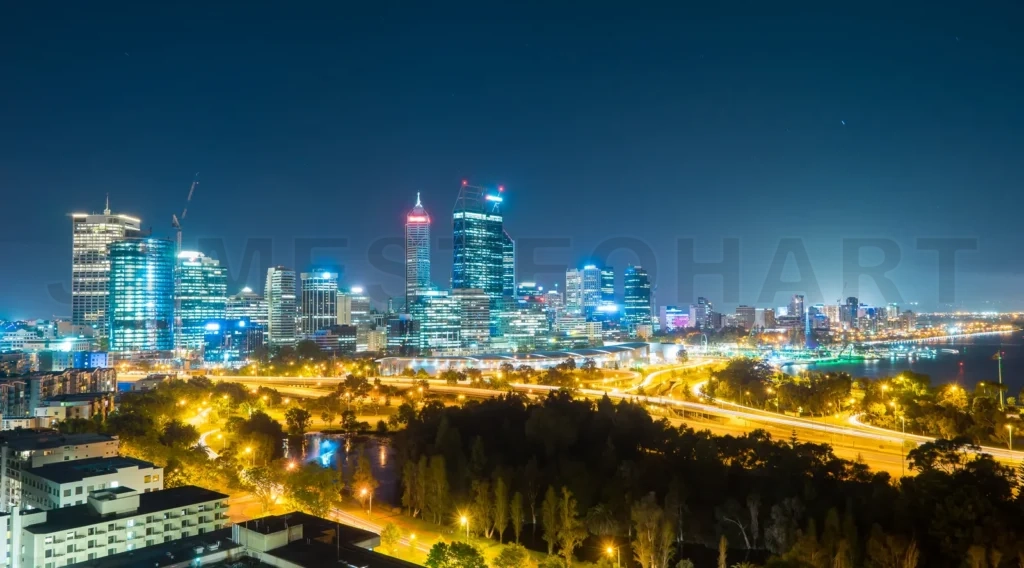 
Skyline Of Perth From Kings Park With A View Of John Oldany Park At Night