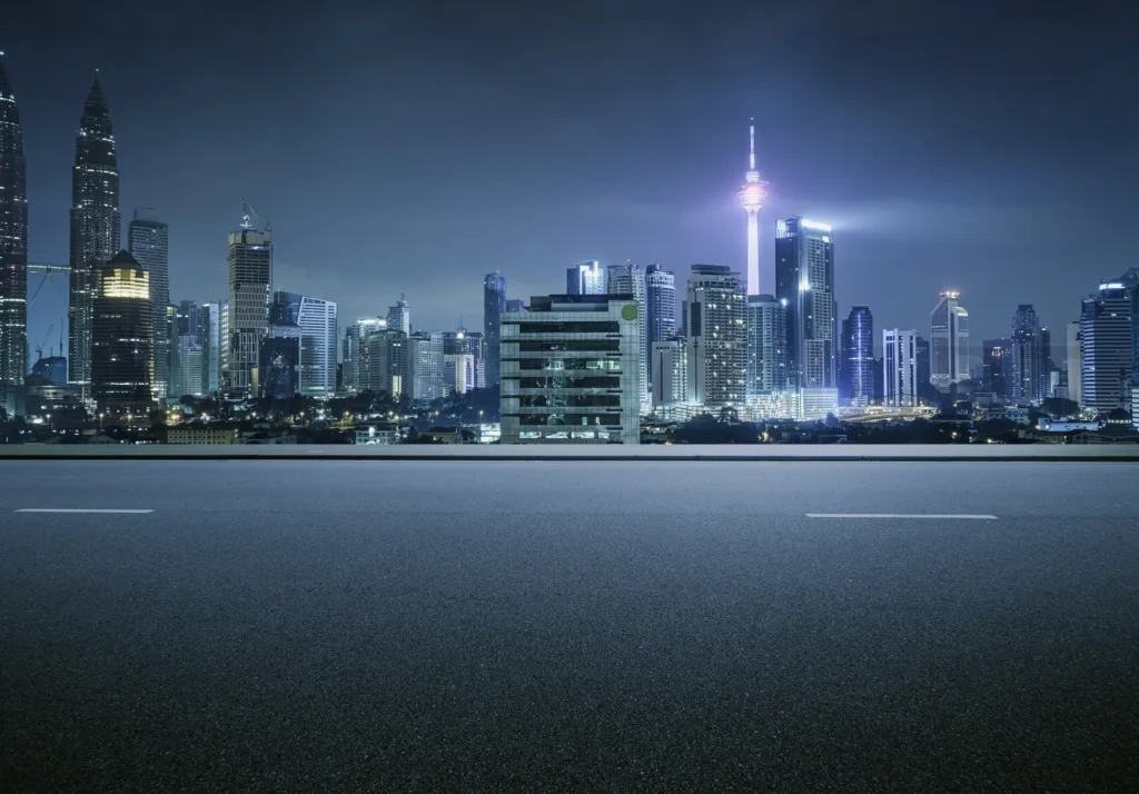 
Side View Asphalt Road On Snight Scene Near The Modern City