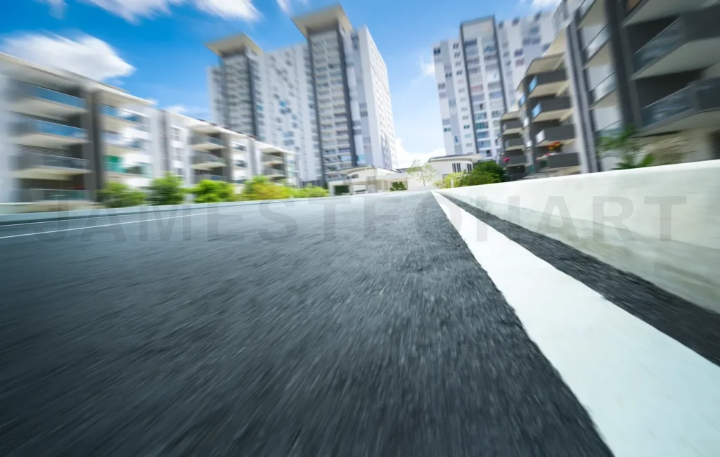
Urban road speeding through modern city buildings