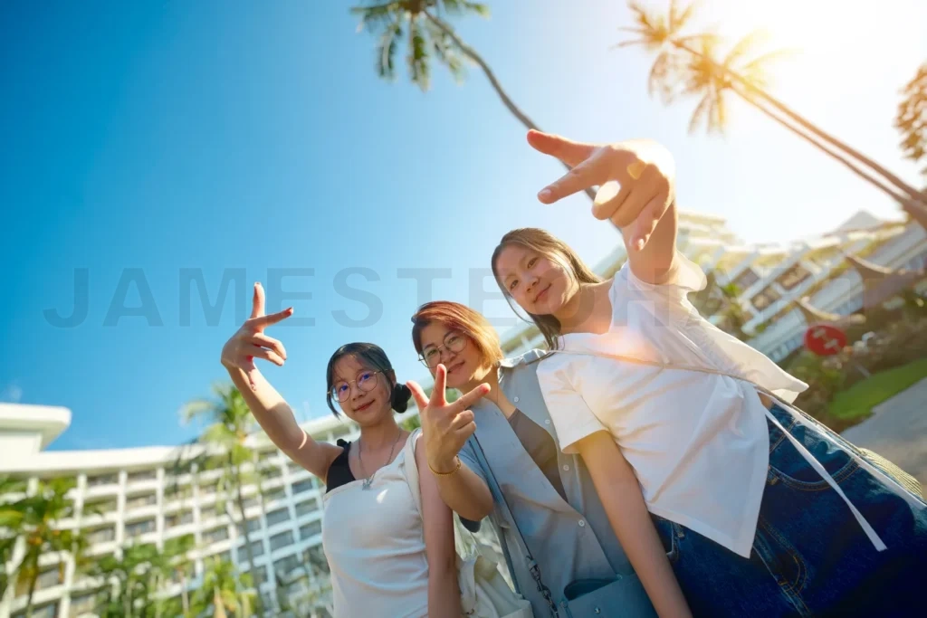 
Women friends enjoying summer trip in batu ferringhi